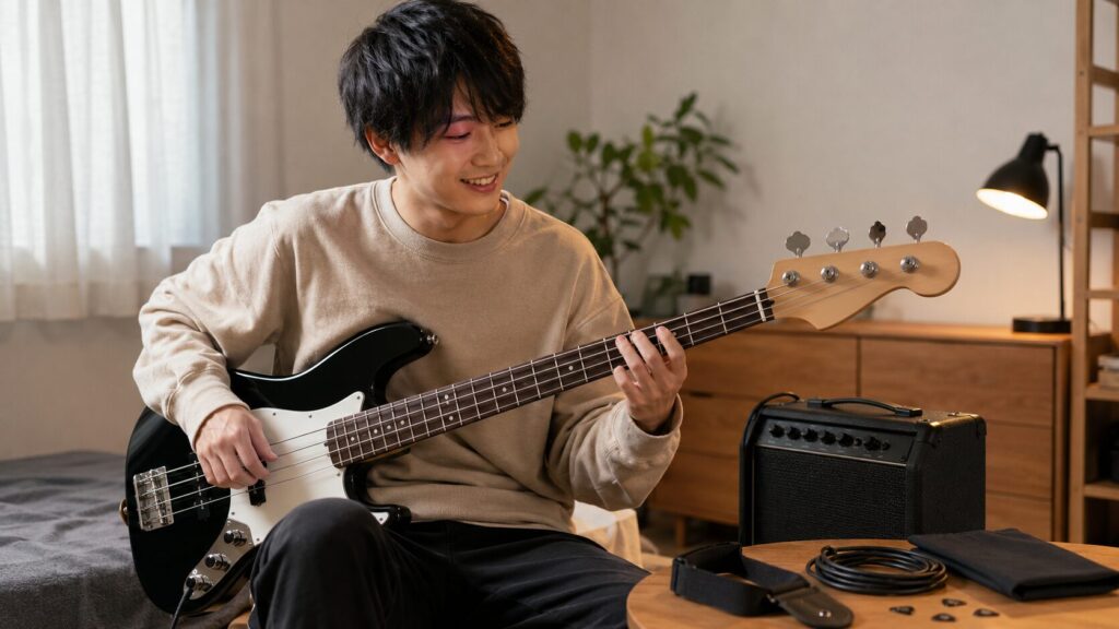 ベース初心者セットで自宅練習を楽しむ日本人男性