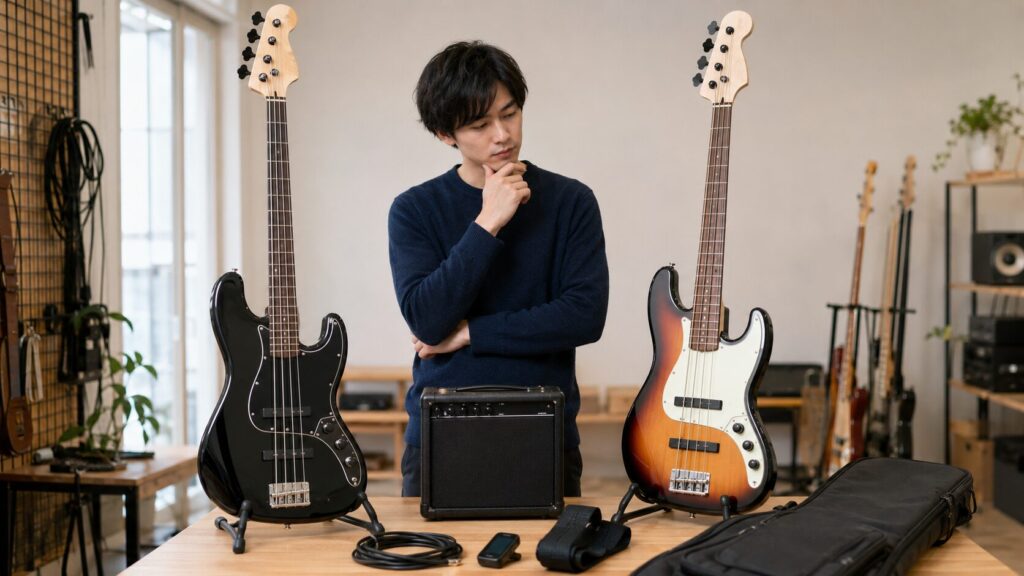 ベース初心者セットの本体や付属品を比較して選ぶ様子