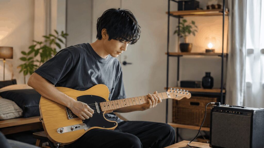 自宅でフェンダー系エレキギターを練習する日本人初心者と小型アンプ
