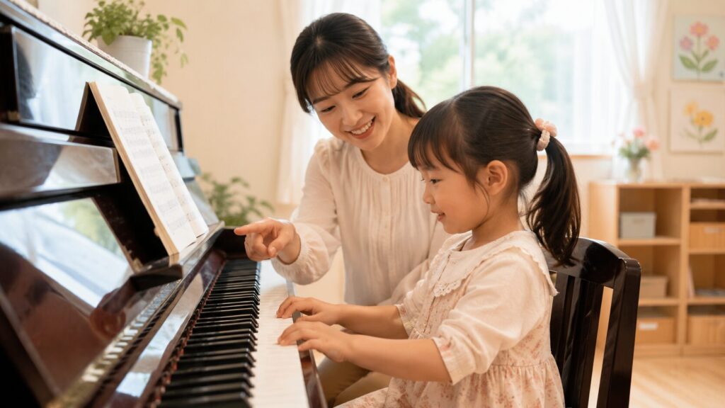 ピアノ教室で日本人の先生が幼児にやさしく鍵盤の弾き方を教える様子