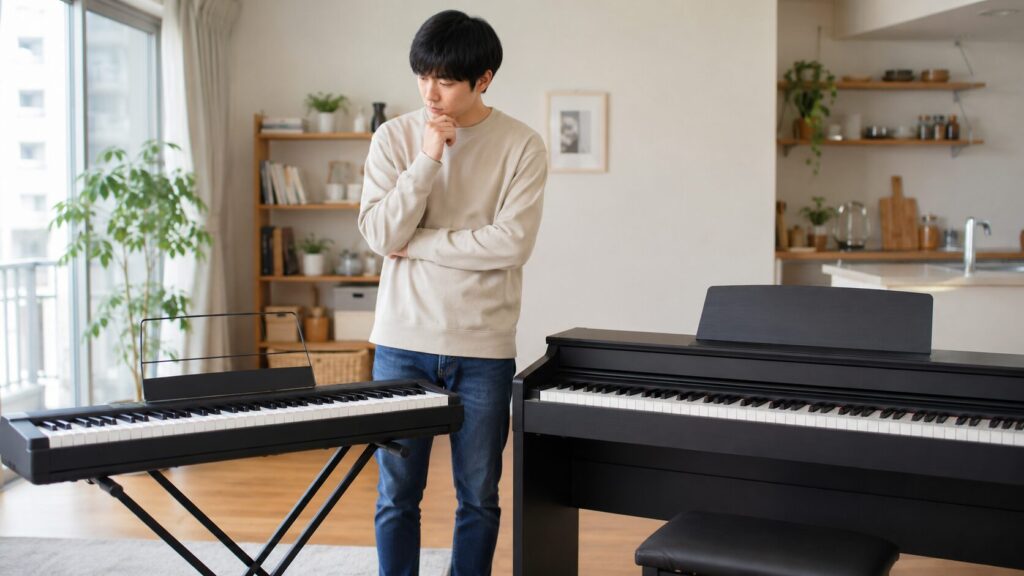 安い電子ピアノを比較する日本人男性と卓上型・据え置き型モデル
