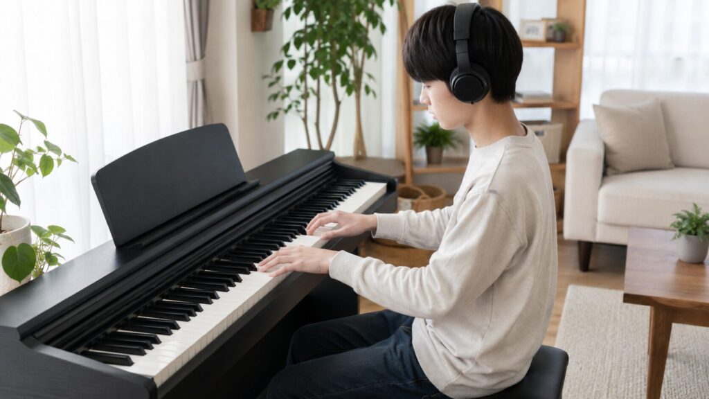 ヘッドホンを使い自宅で88鍵盤の電子ピアノを練習する日本人の少年