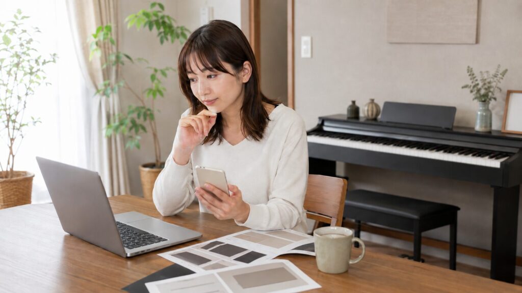 電子ピアノをどこで買うか自宅で比較する日本人女性