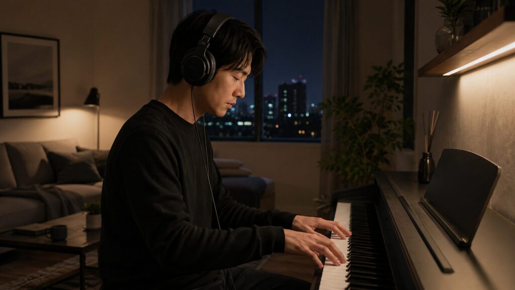 夜の自宅でヘッドホンを使い電子ピアノを練習する日本人男性