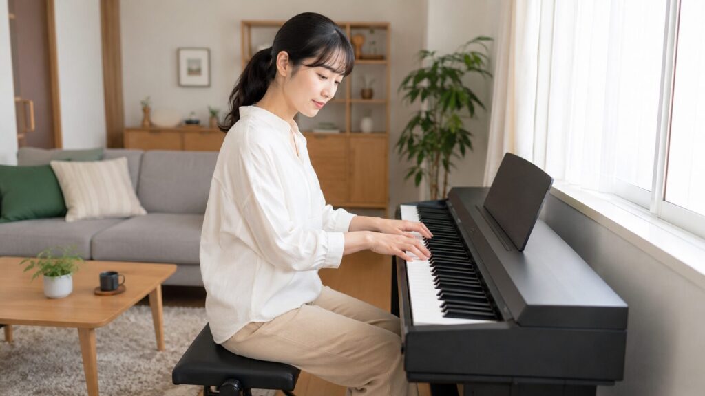 リビングで日本人女性が電子ピアノを演奏する初心者向け自宅練習のイメージ
