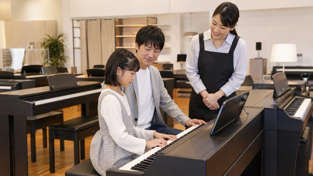 楽器店で電子ピアノを試奏する日本人親子とスタッフ