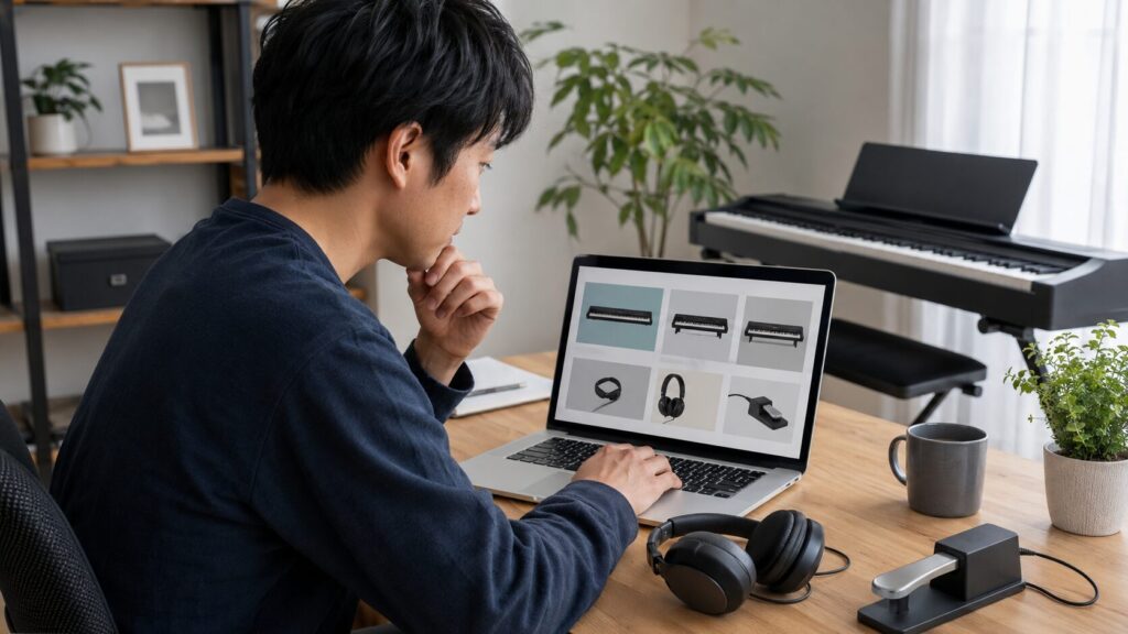 パソコンで電子ピアノ本体やヘッドホンなど周辺機器を比較する日本人男性