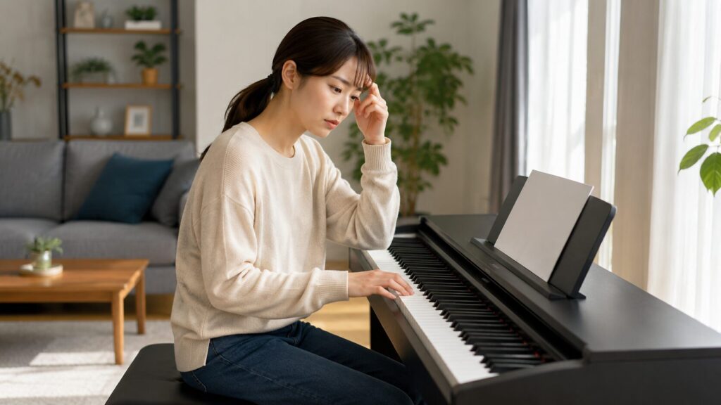 電子ピアノの前で上達しない悩みを抱えながら練習する日本人女性
