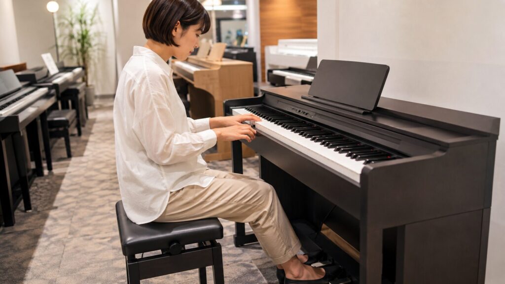 楽器店で電子ピアノを試弾しタッチを比較する日本人女性