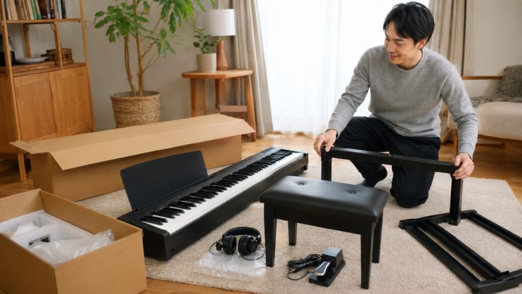 電子ピアノのセット商品を自宅で組み立てる日本人男性