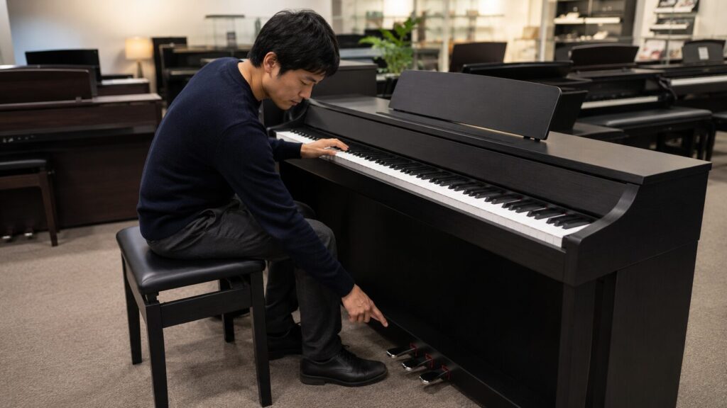 楽器店で中古電子ピアノの鍵盤とペダルを試す日本人男性