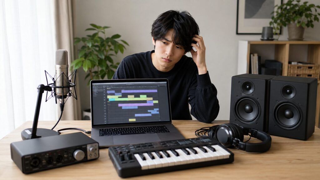 DTM初心者がパソコンやマイク、MIDIキーボードなど必要な機材選びに迷っている様子