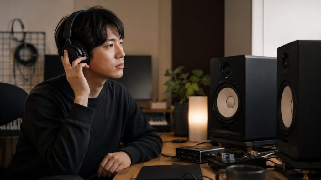 モニターヘッドホンとスピーカーを併用してDTM音源を確認する様子