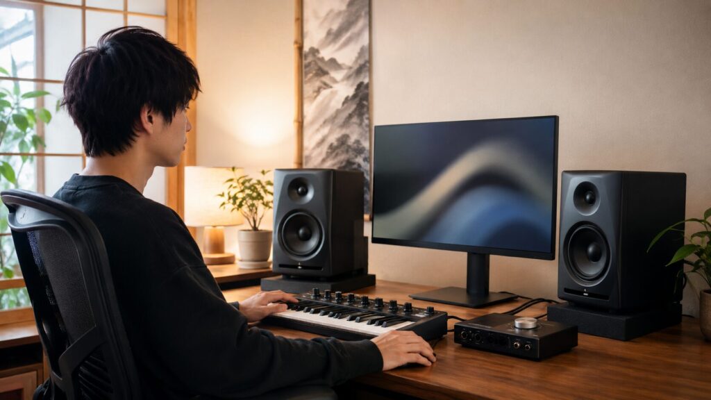DTM用モニタースピーカーを配置したホームスタジオで音楽制作をする様子