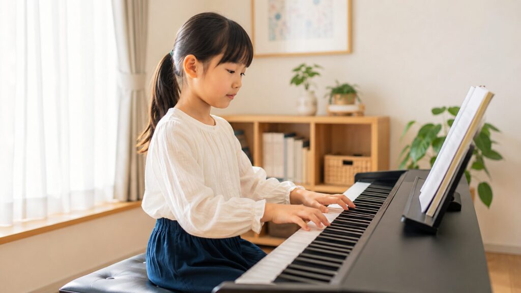 小学生の女の子が自宅の電子ピアノで落ち着いて練習する様子