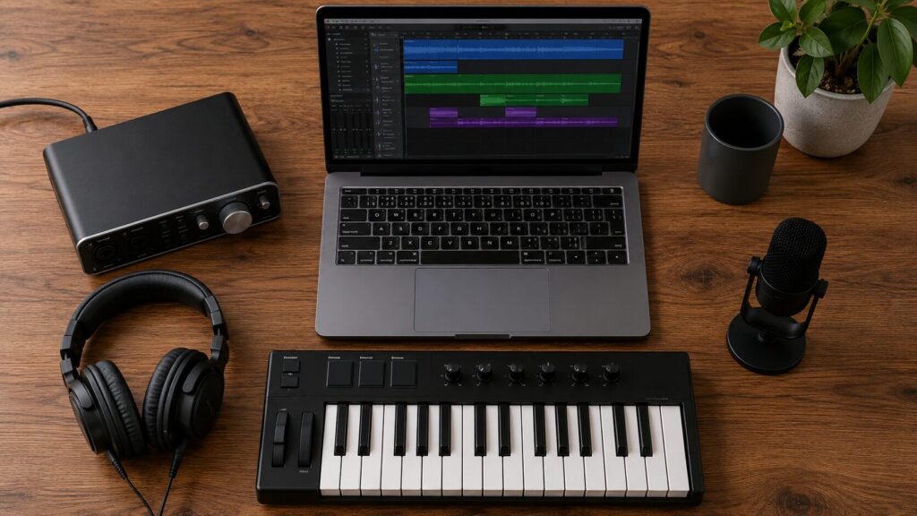 DTMに必要なパソコン、オーディオインターフェース、ヘッドホン、MIDIキーボード、マイクの基本機材