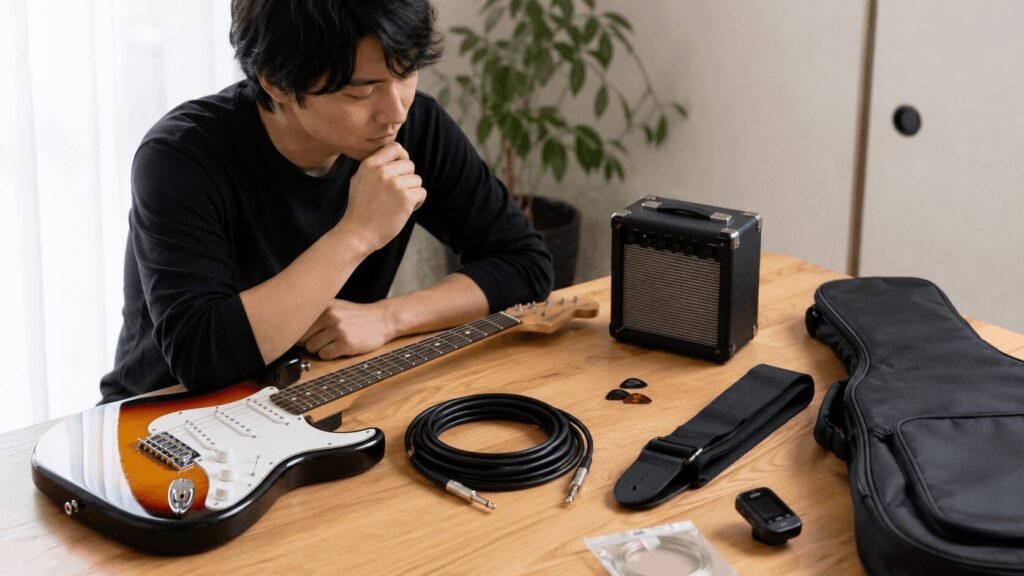 エレキギター本体と付属品を並べて初心者セットを比較する様子