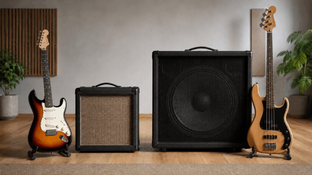 ギターアンプとベースアンプのサイズやスピーカー設計の違いを比較できる音楽室の機材写真