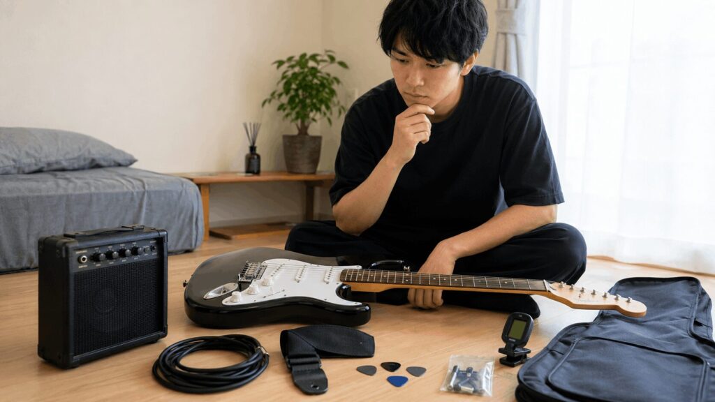 ギター初心者セットの内容を見ながら購入前に悩む日本人男性