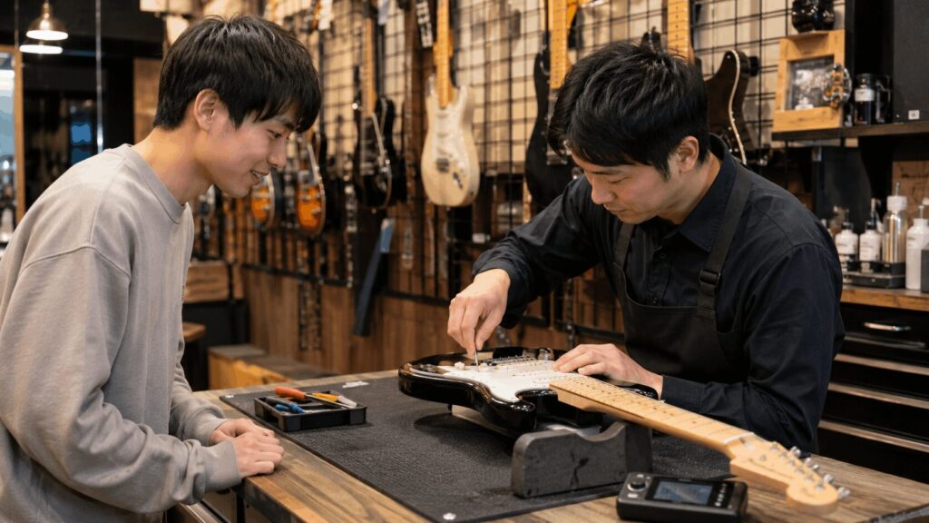 楽器店でエレキギターの調整を相談する日本人の初心者