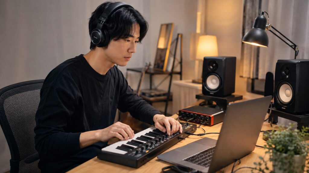 日本人男性がMIDIキーボードとノートパソコンで自宅DTM制作をしている様子