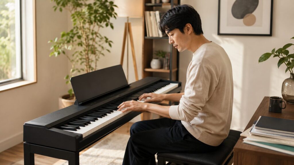 自宅のリビングでコルグ系の電子ピアノを試奏する日本人男性