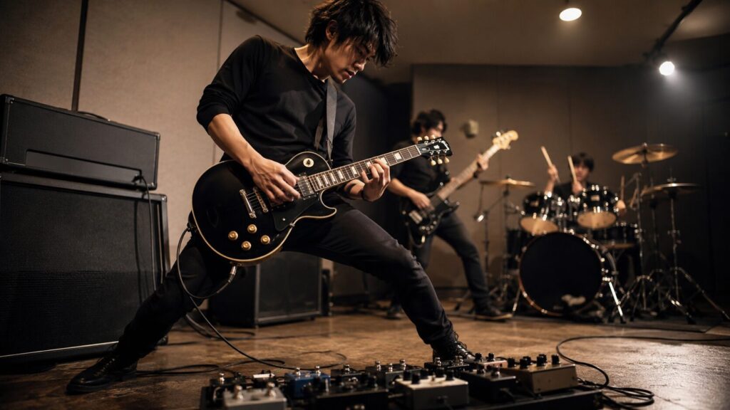 日本人ギタリストがレスポールタイプのギターでバンドのバッキングを演奏するリハーサル風景
