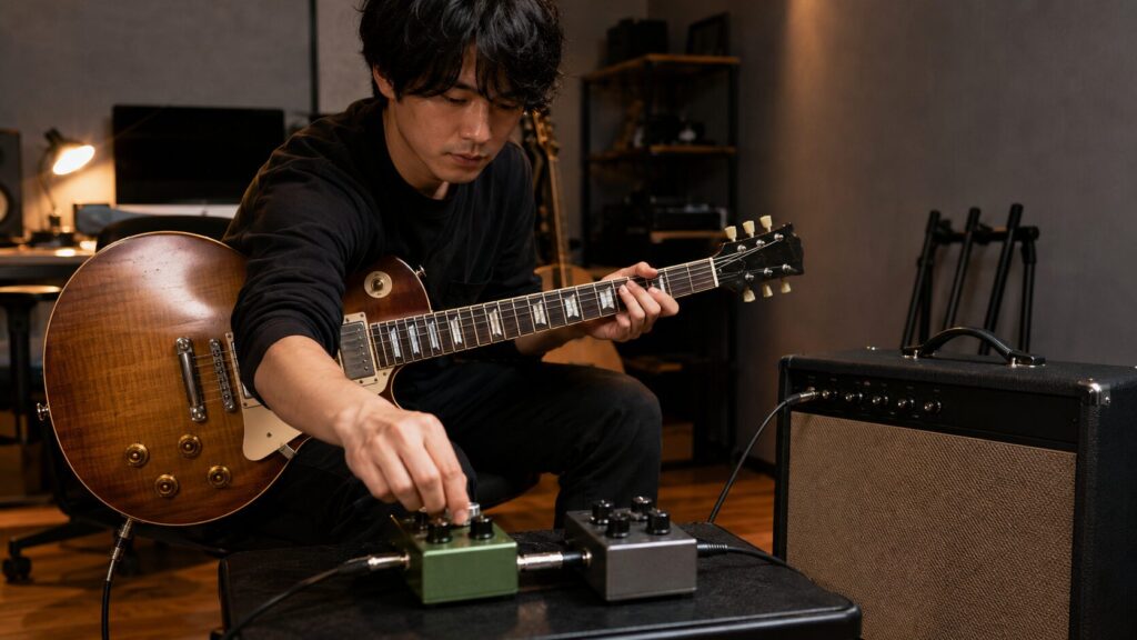 日本人ギタリストがレスポールタイプのギターを弾きながら歪みエフェクターを調整する様子