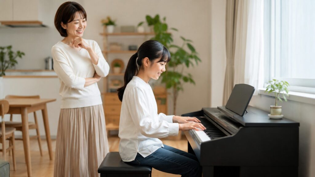 新品の電子ピアノで練習する日本人の子供と見守る母親