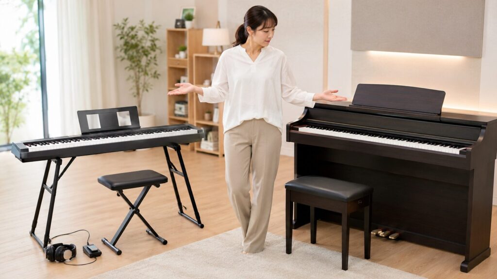 卓上型と据え置き型の電子ピアノを比較する日本人女性のイメージ