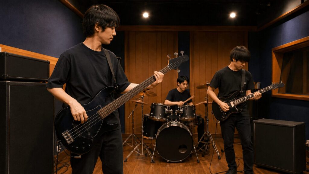 リハーサルスタジオで日本人バンドがギターアンプとベースアンプを使い分けて演奏している様子