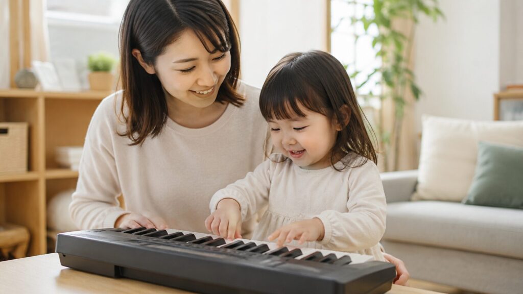 親子で小さなキーボードに触れながら音遊びを楽しむ幼児のピアノ練習風景