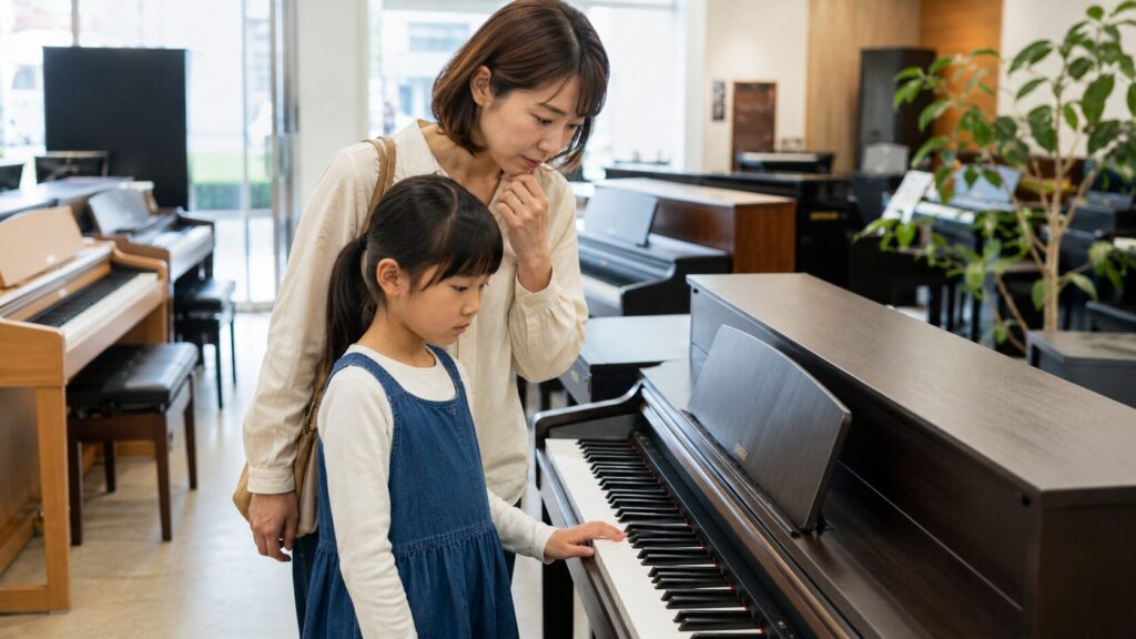 中古電子ピアノを親子で確認する日本人の母娘