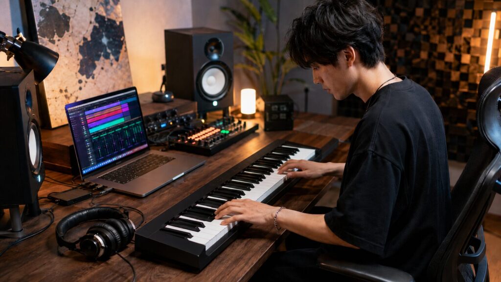 61鍵盤キーボードとパソコンを使って自宅で作曲する日本人男性