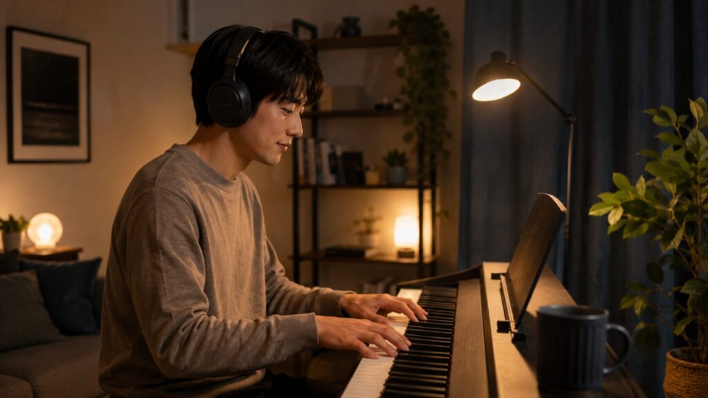 日本人の大人初心者が夜にヘッドホンを使って電子ピアノを練習する様子