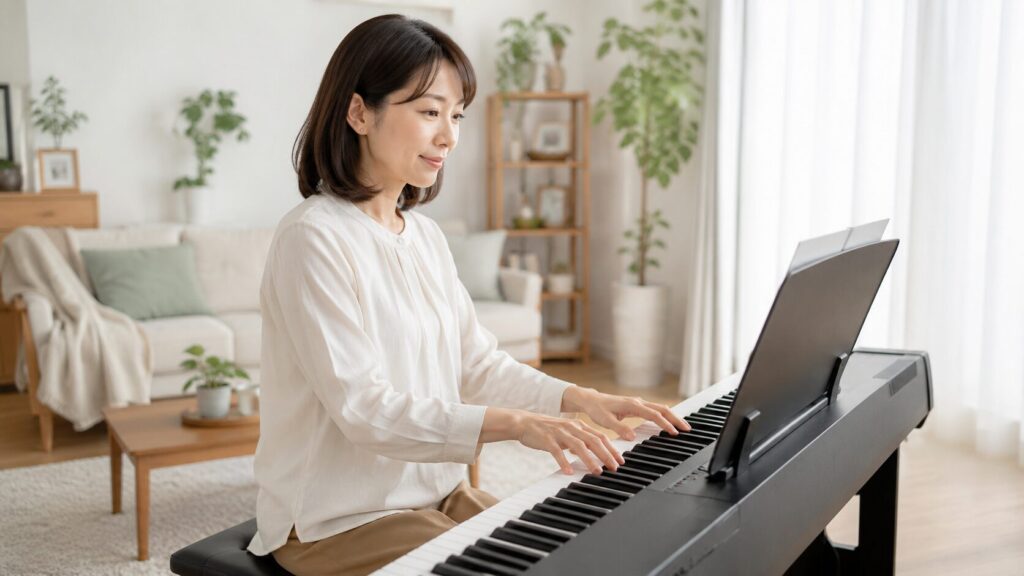 明るいリビングで電子ピアノを練習する大人初心者の日本人女性