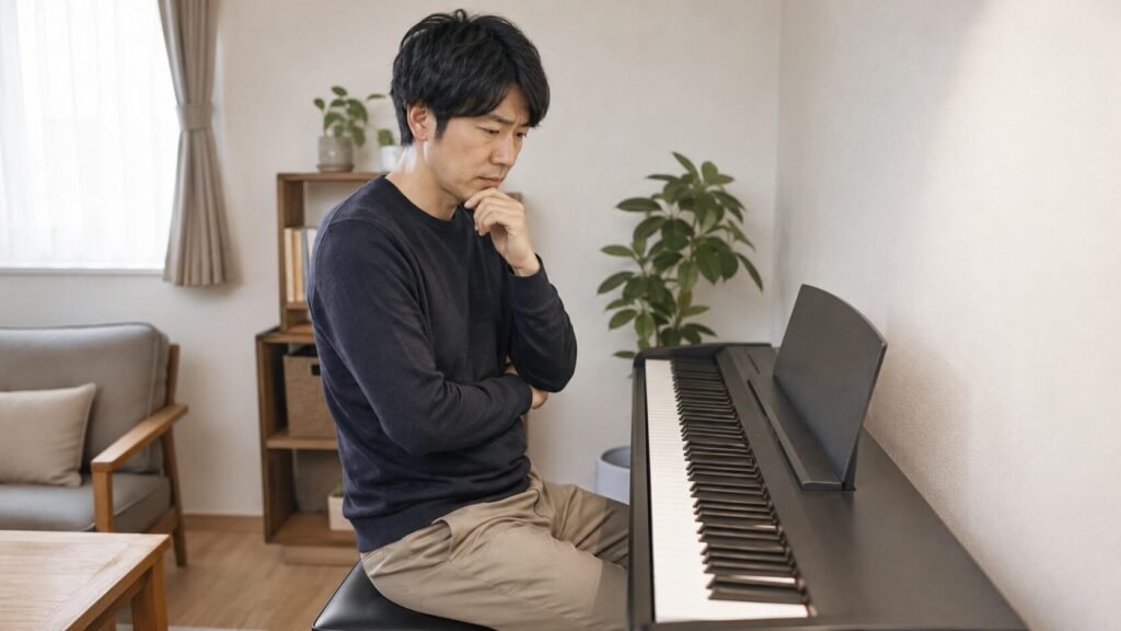 大人からピアノを始める不安を抱えながら電子ピアノの前で考える日本人男性