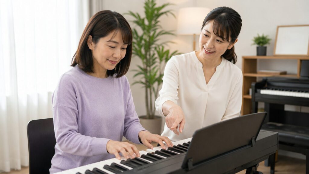 大人の初心者が日本人講師から電子ピアノのレッスンを受ける様子