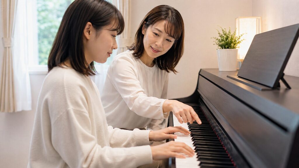 日本人講師が大人の生徒にピアノの指使いをやさしく教えるレッスン風景