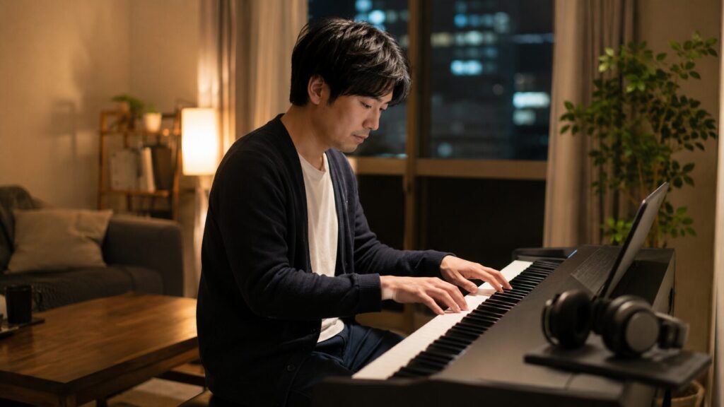 仕事後の夜に日本人男性が電子ピアノを短時間練習する様子
