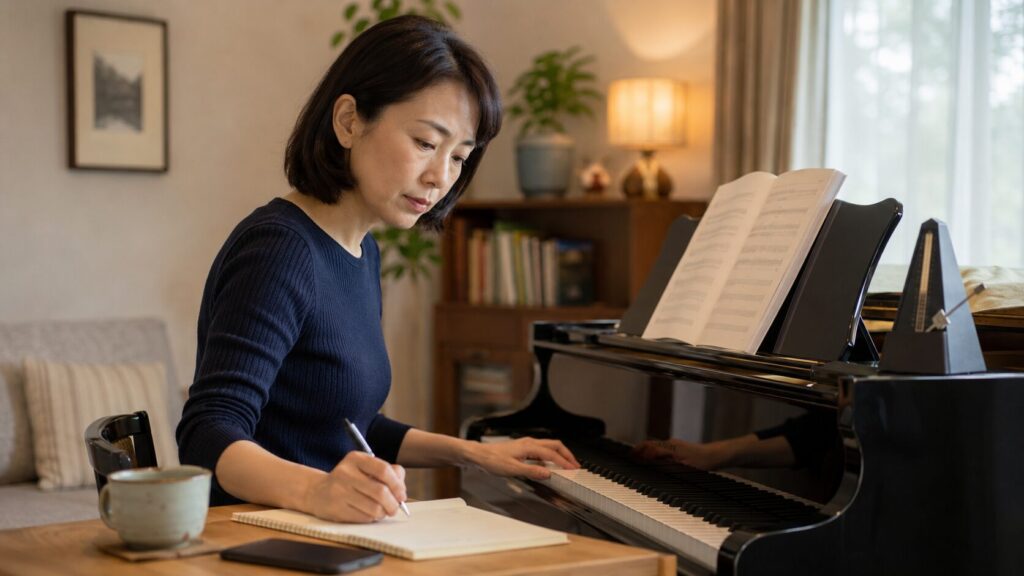 40代の日本人女性がピアノ練習中にノートへ記録しながら上達を目指す様子