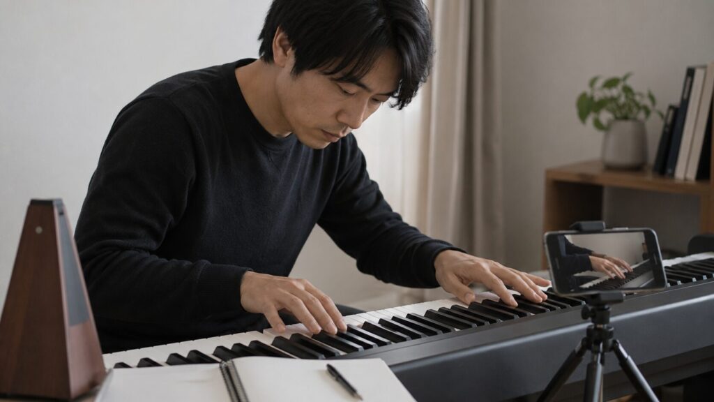 自宅で電子ピアノを練習しながら手元を録画してフォームを確認する日本人男性