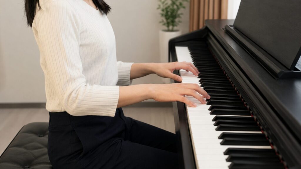 ピアノ初心者が正しい姿勢と自然に丸めた指の形で練習する様子
