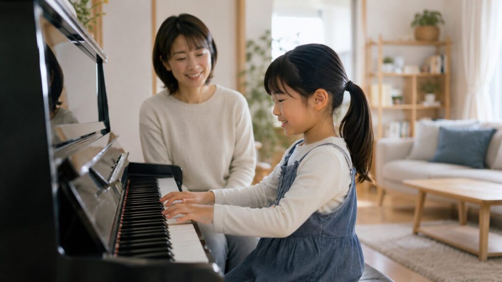自宅のピアノを楽しそうに弾く日本人の子どもと見守る母親