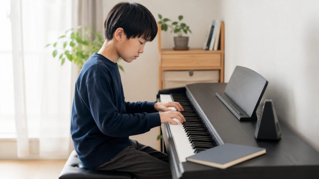 自宅の電子ピアノで集中して練習する日本人の少年