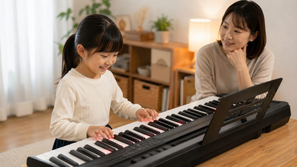 光る61鍵盤電子ピアノを親子で楽しく練習する日本人の子供