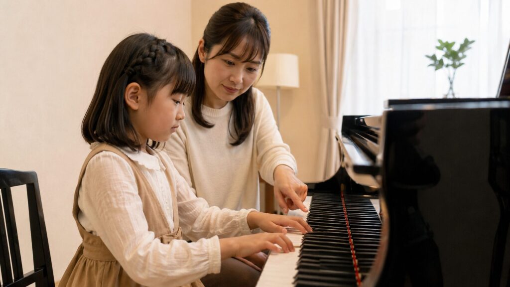 ピアノ教室で先生から鍵盤の弾き方を教わる日本人の子ども