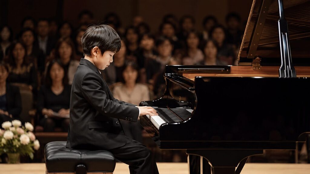 ピアノ発表会の舞台でグランドピアノを演奏する日本人の子ども