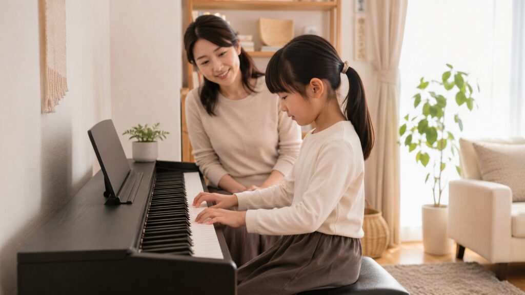 自宅で電子ピアノを練習する日本人の子どもと見守る母親