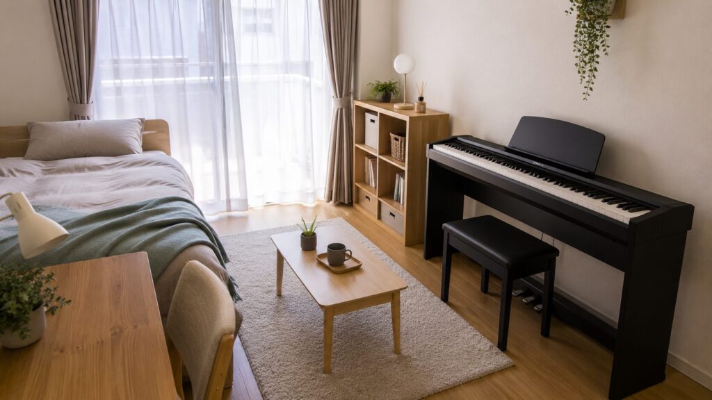 一人暮らしの部屋に省スペースで設置した電子ピアノ